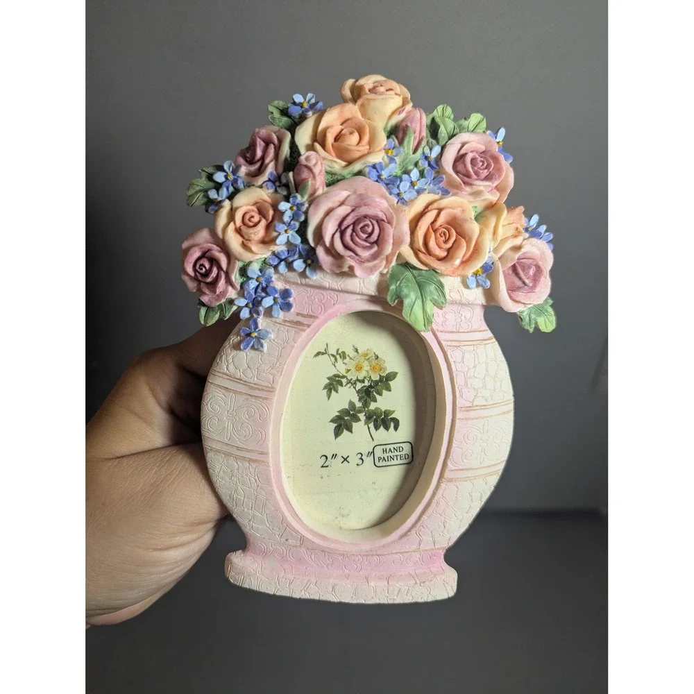 VTG Hand Painted Floral Resin Picture Frame 2x3 Roses Cottagecore Gift Link Inc